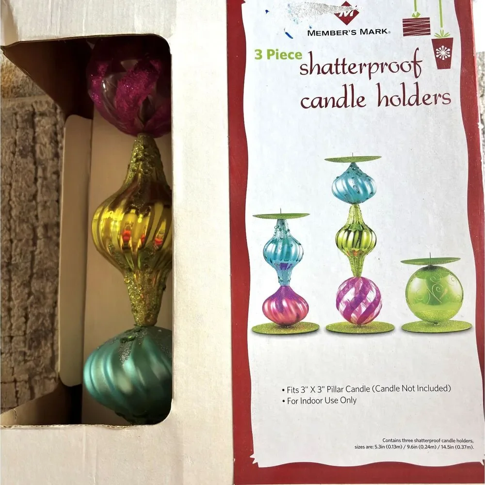 Member's Mark 3 Piece Shatterproof Candle Holders Glitter Christmas Decor NIB